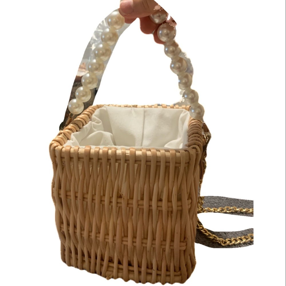 1 left! Faux Pearl Rattan Khaki Small Bucket Bag - Picture 6 of 16